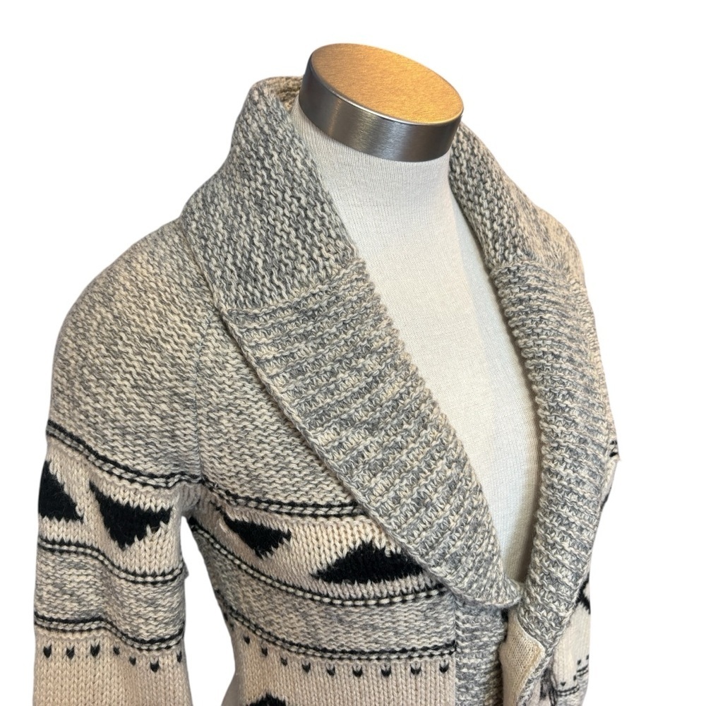TNA Womens Cardigan Cowichan Button Up Lambswool Long Cream Black Sz. M - Picture 2 of 8